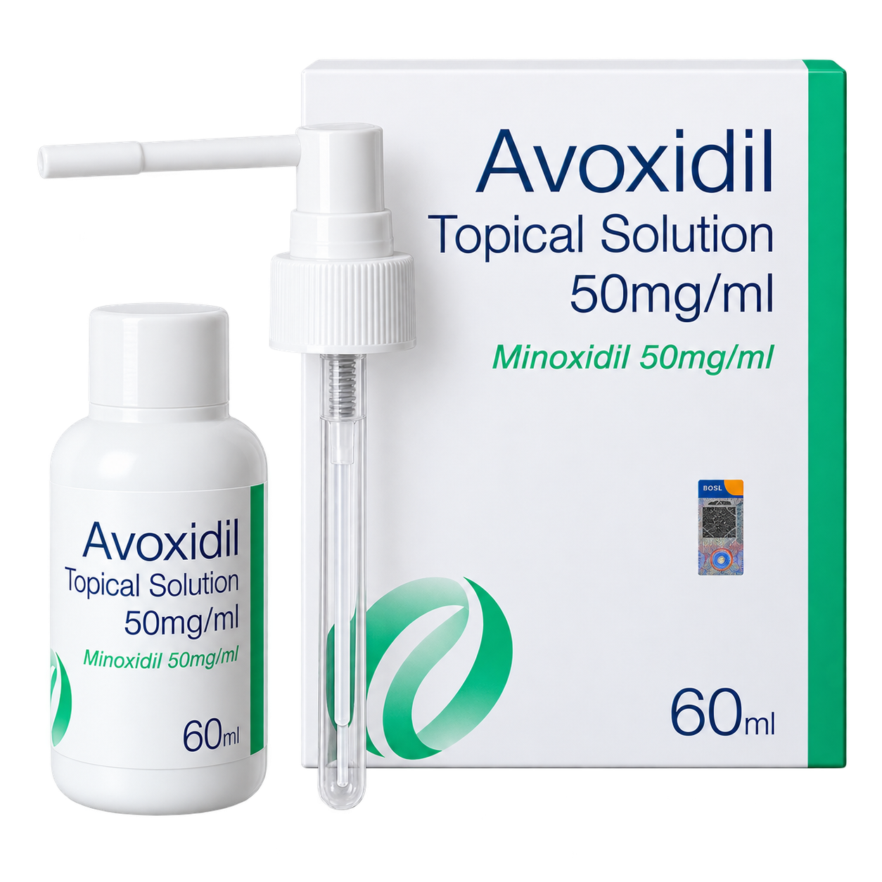 Avoxidil minoxidil 50mg per ml topical solution 60ml bottle, carton and spray applicator, Malaysia
