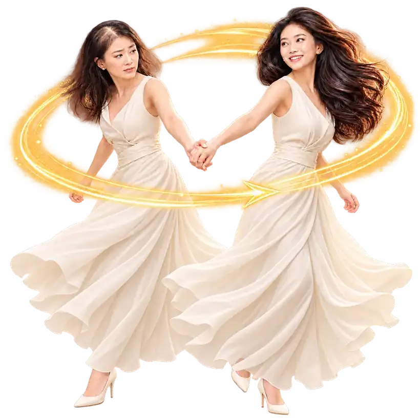 Two women side by side holding hands, the second with fuller, healthier hair, encircled by swirling gold light.