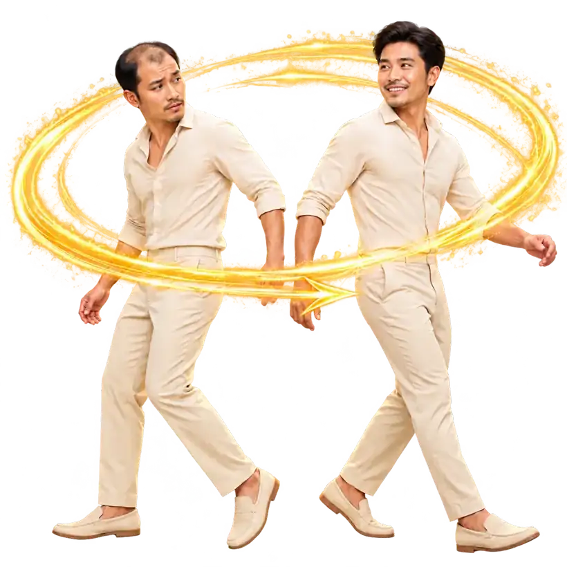 Two men side by side, the second with restored hair at the hairline, encircled by swirling gold light.