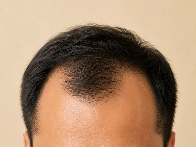 Close up of a man's forehead showing a hairline receding at the temples.