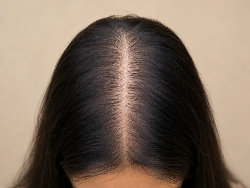 Top down view of a woman's scalp showing a widened centre parting.