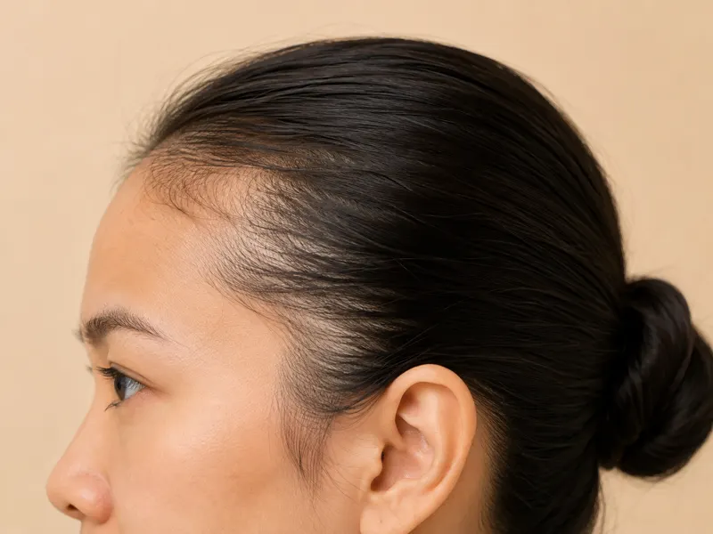 Side profile of a woman with hair tied back in a bun, showing thinning along the front hairline.