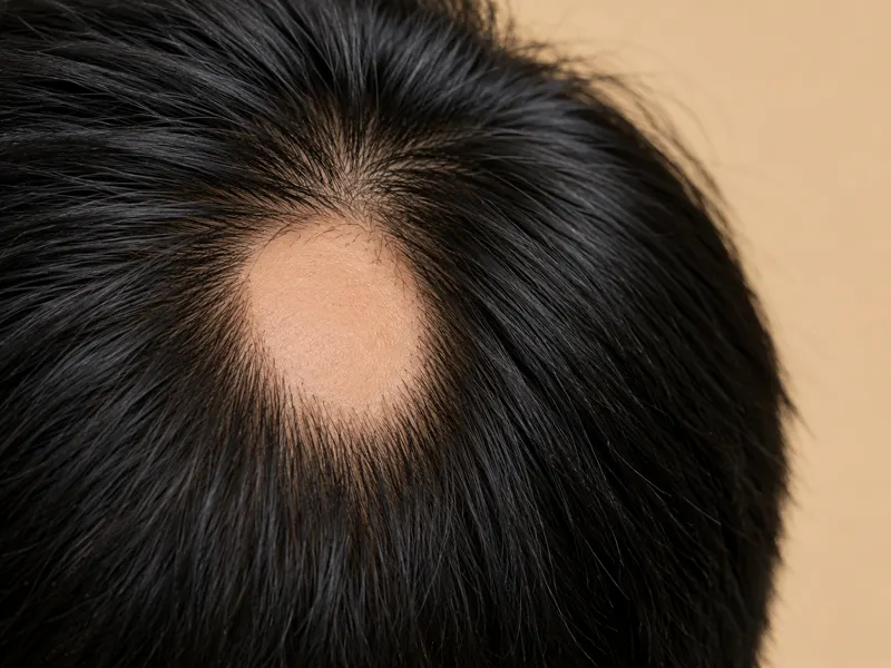 Close up of a scalp with a round smooth patch of hair loss.