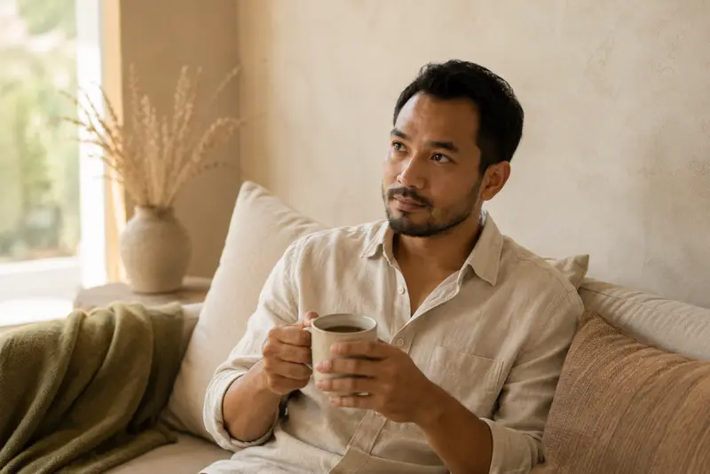 A man sitting on a sofa with a mug of coffee while his hair dries