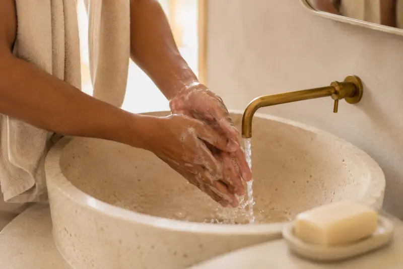 Soapy hands being rinsed under a brass tap at a stone basin