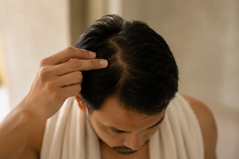 Fingers parting dark hair at the front of the scalp