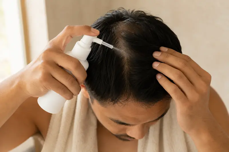 A pump applicator spraying solution onto a parted scalp