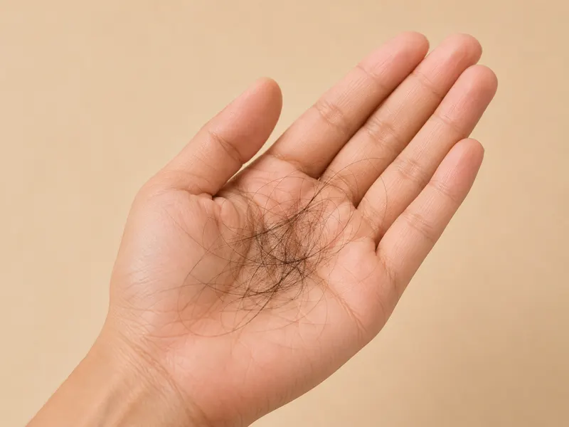 An open palm holding a cluster of shed hair strands.